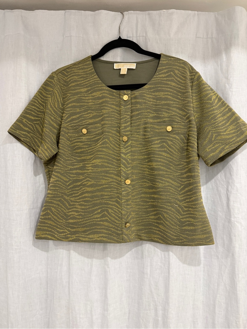 Micheal Kors Olive Green Short Sleeve Button Front Top